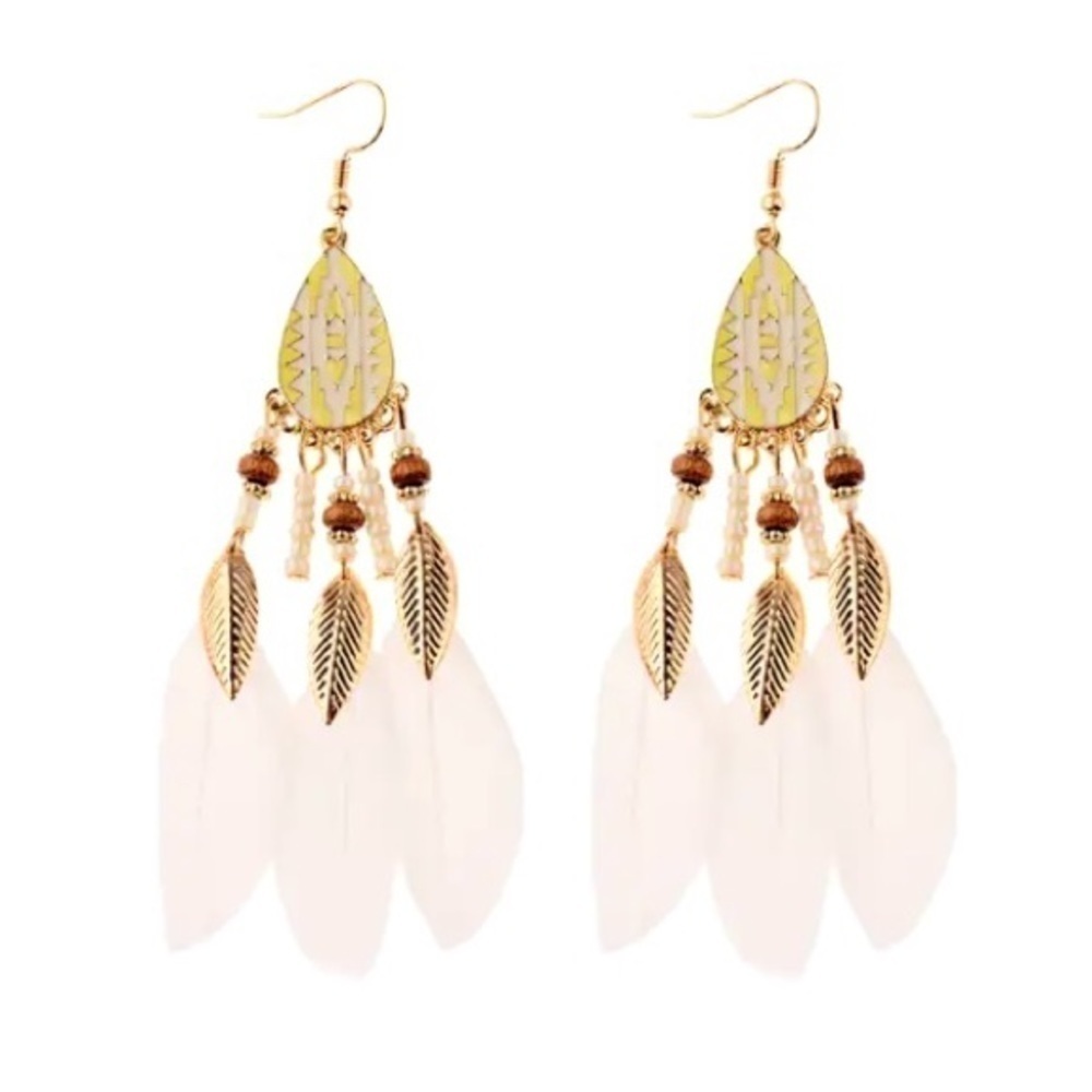 DREAMY white feather Boho statement earrings w Gypsy southwestern Navajo vibe